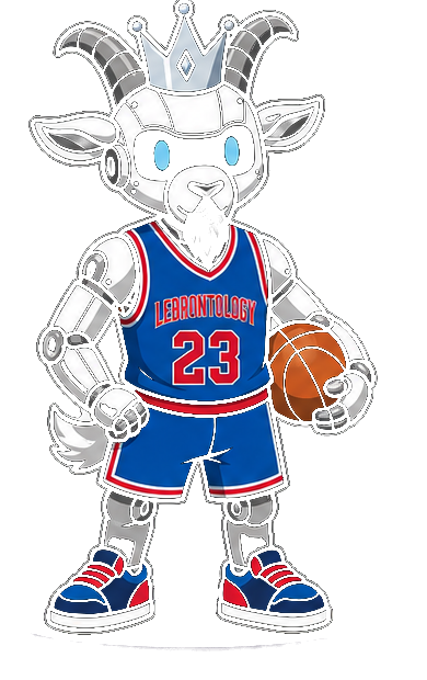 Lebrontology mascot — robotic goat wearing a crown and #23 jersey